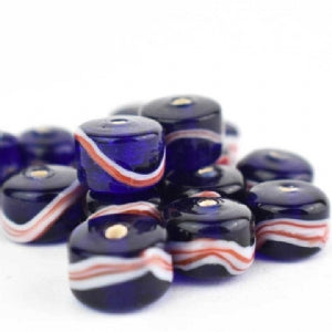 Dark Blue Glass Bead with Red and White Trails