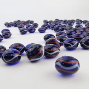Dark Blue Glass Bead with Red and White Trails Medium