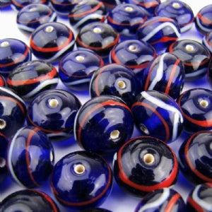 Dark Blue Glass Bead with Red and White Trails Medium